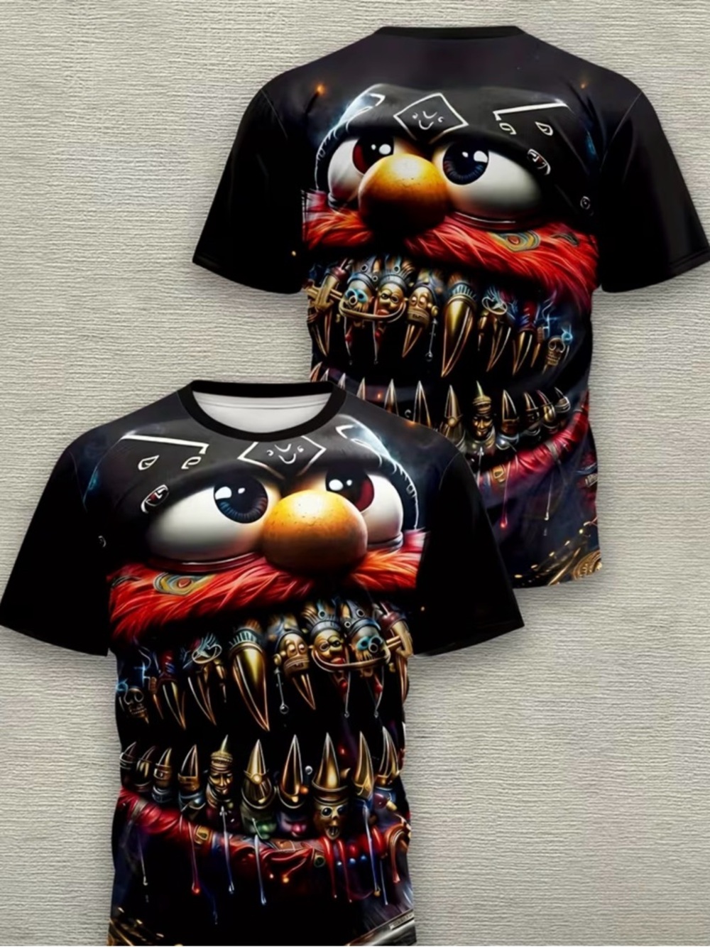 Mens  Black Graphic Tee with Colorful Monster Face - 2x